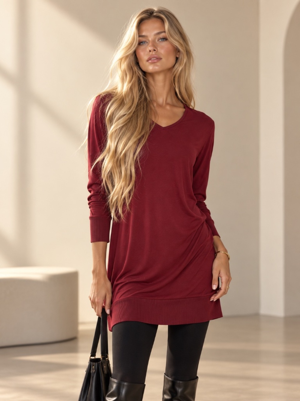 Eileen Fisher Petite Small Burgundy Rayon Lycra Tunic Dress Long Sleeve